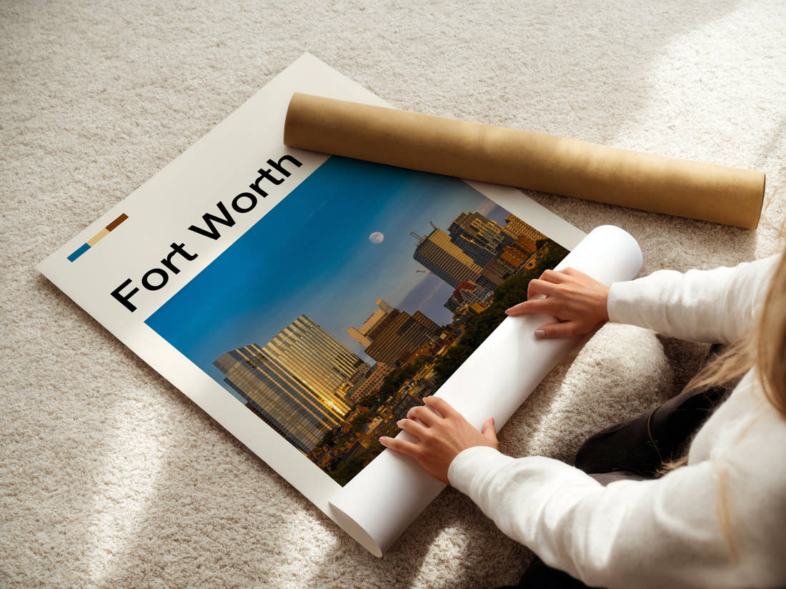 Fort Worth Skyline And Moon Travel Print being unrolled from its postal tube