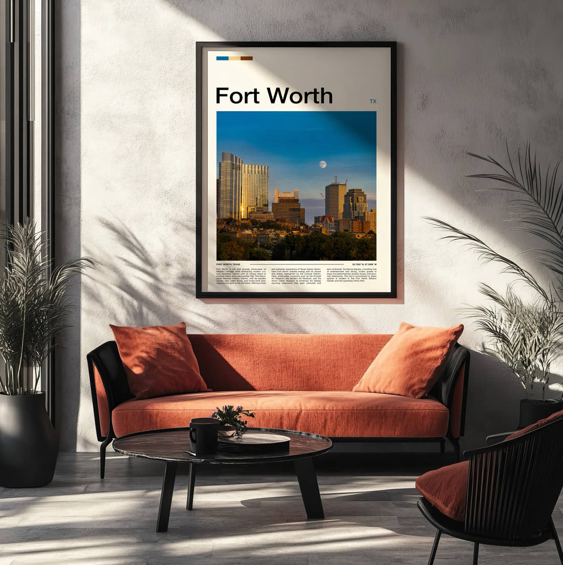 Fort Worth Skyline And Moon Travel Print framed on the wall of a modern living room