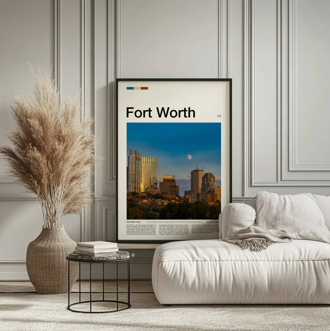 Fort Worth Skyline And Moon Travel Print framed on the wall of a calm, neutral bedroom