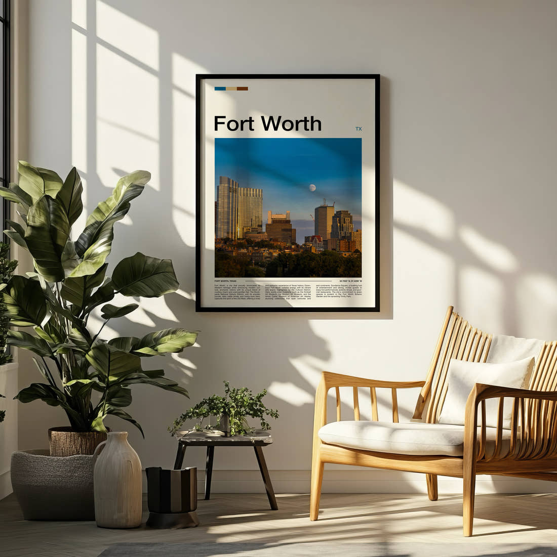 Fort Worth Skyline And Moon Travel Print framed on a pale wall beside houseplants