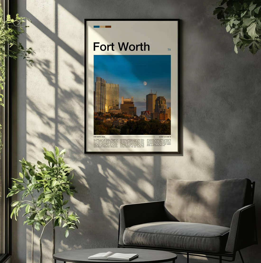 Fort Worth Skyline And Moon Travel Print framed on the wall of a relaxed living room