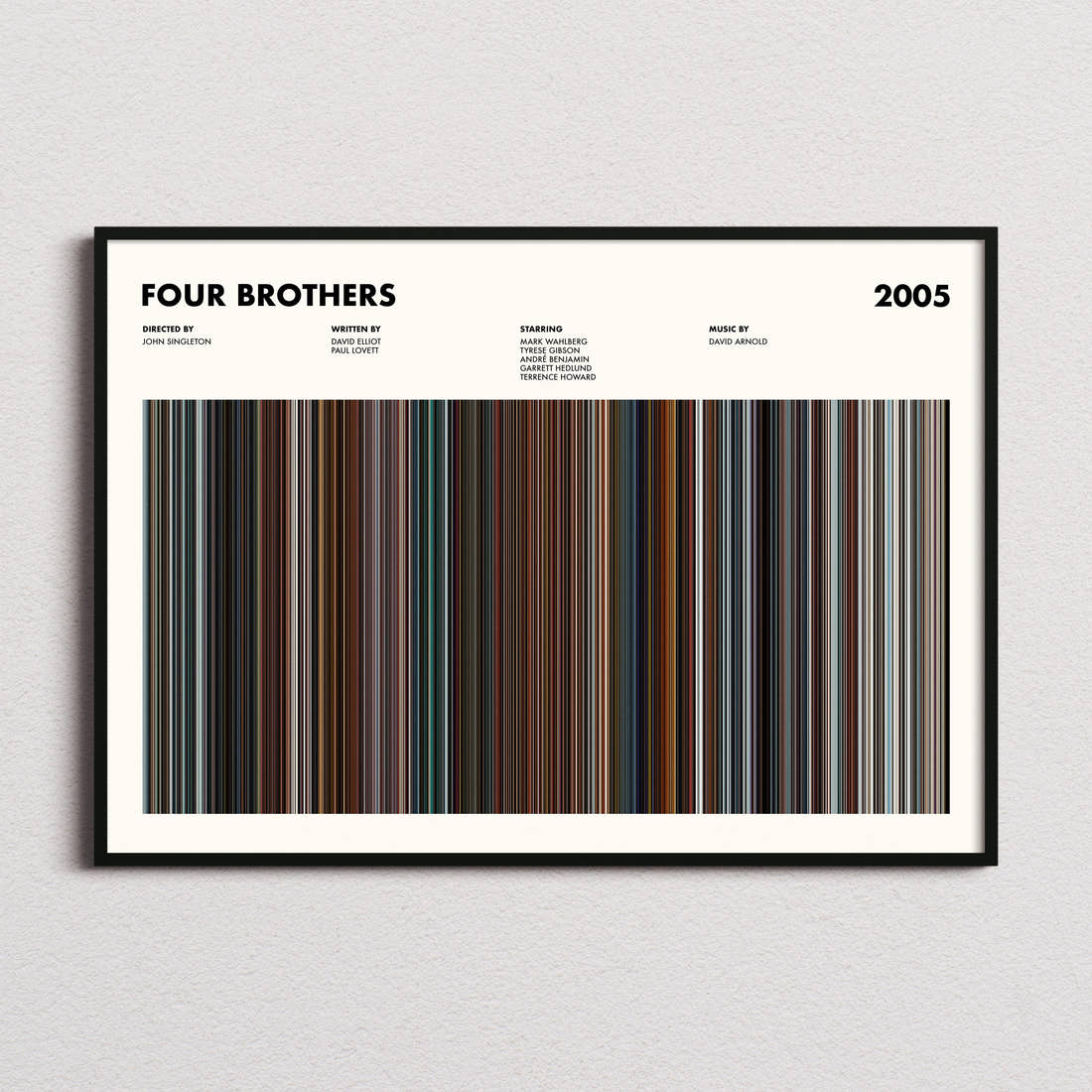 Four Brothers Movie Barcode Poster framed and photographed straight on