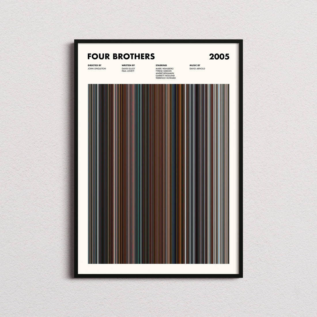 Four Brothers Movie Barcode Poster framed on a plain studio wall