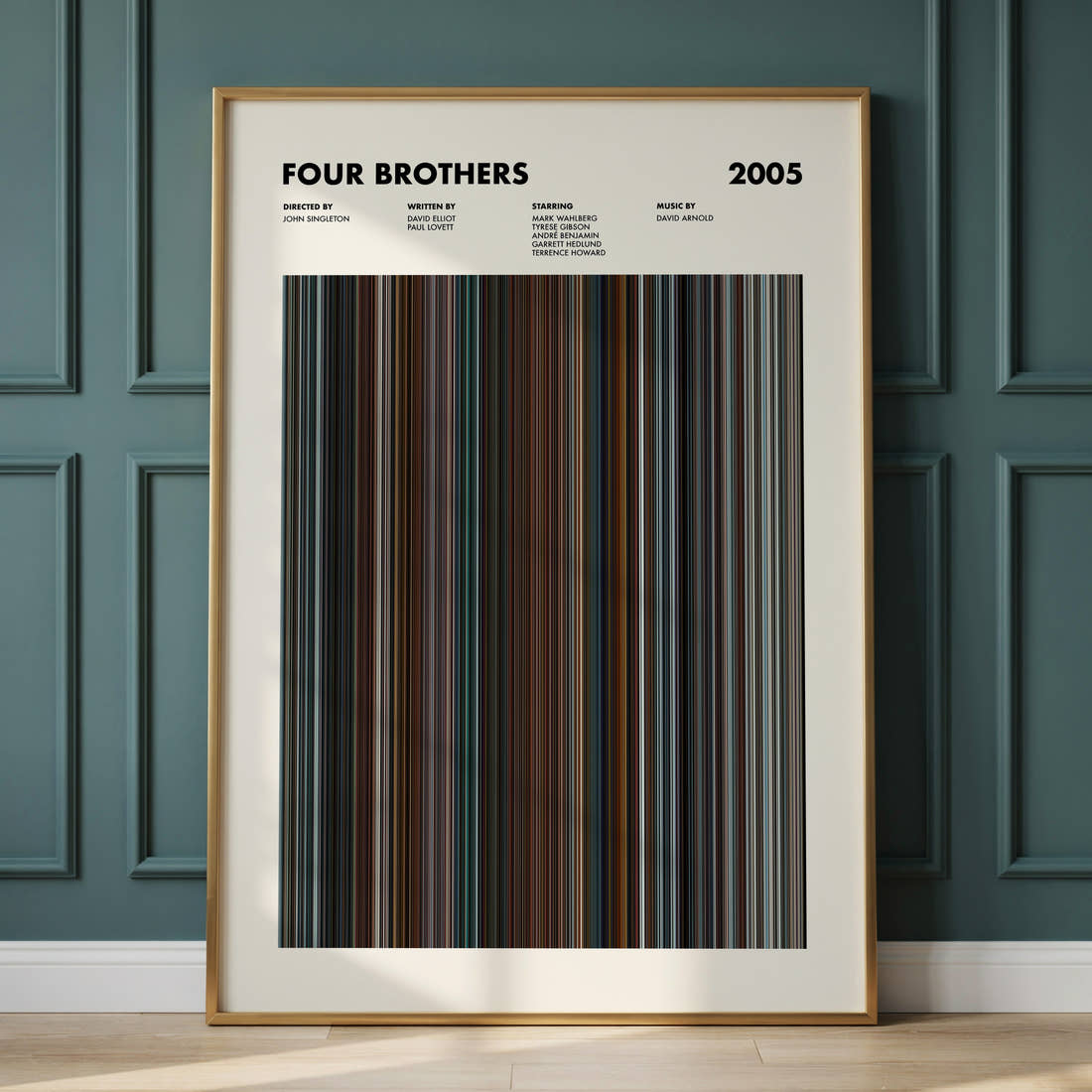 Four Brothers Movie Barcode Poster framed and leaning against a panelled wall