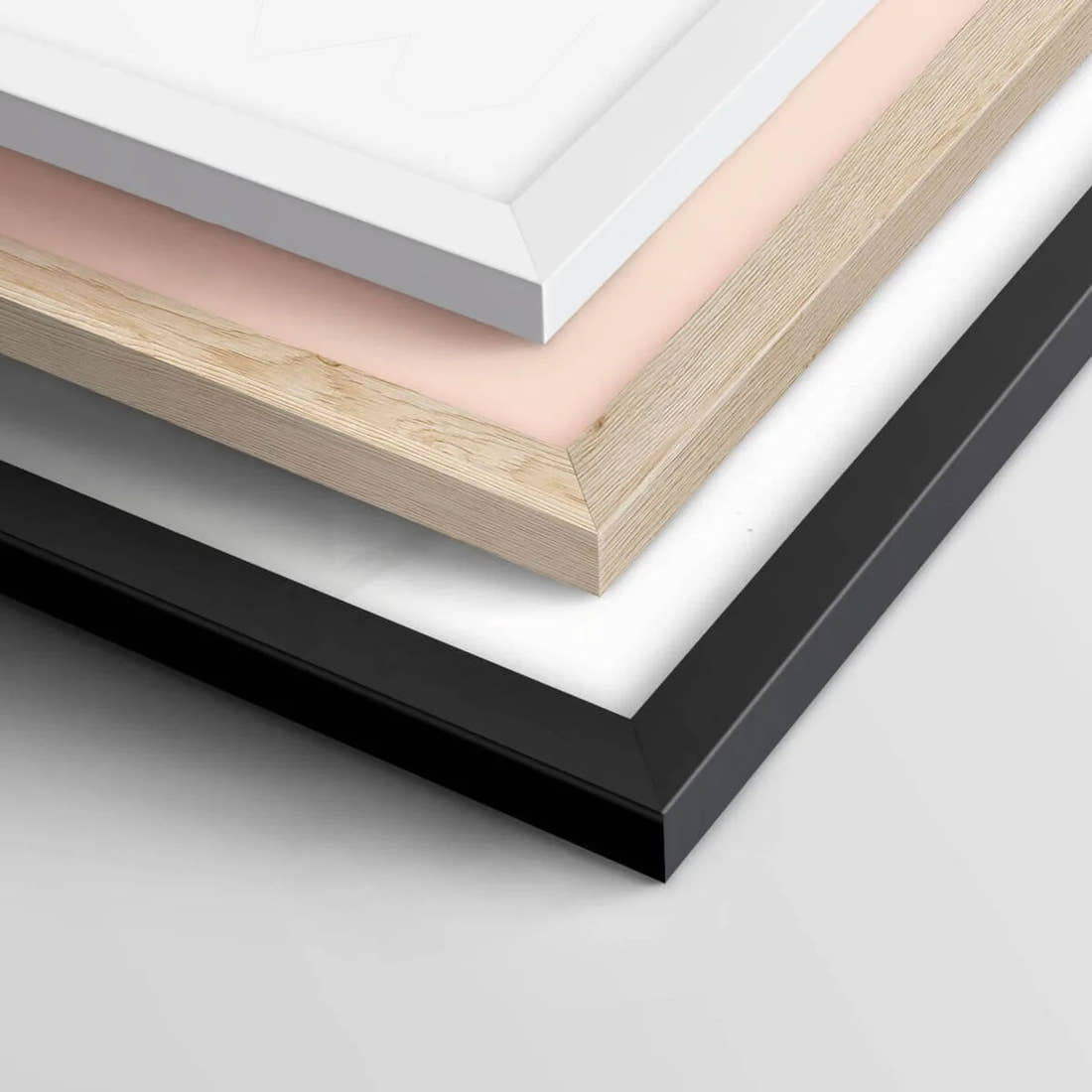 The frame colours available for Nostalgia prints, shown as corner samples