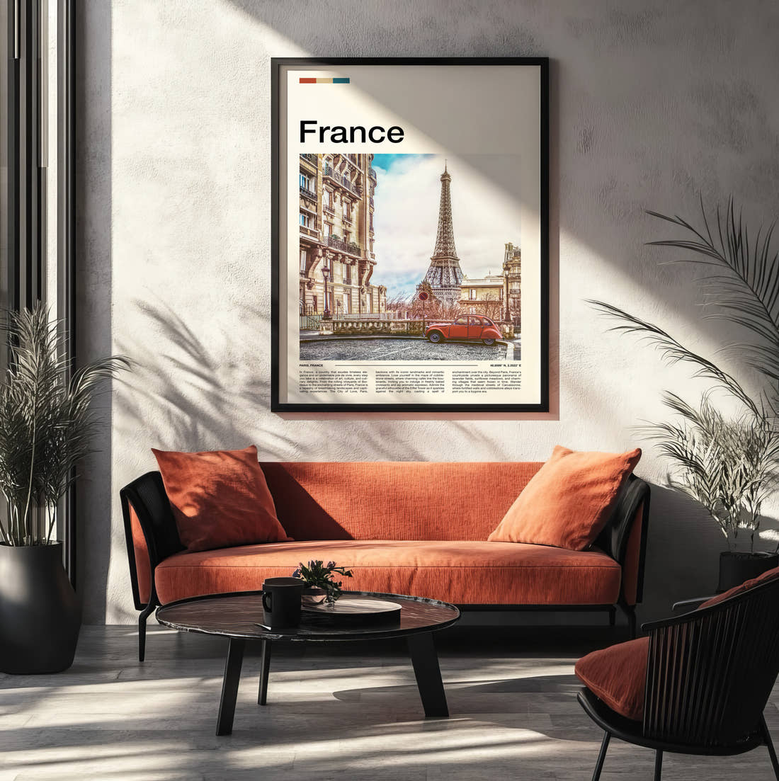 France Eiffel Tower Travel Print framed on the wall of a modern living room