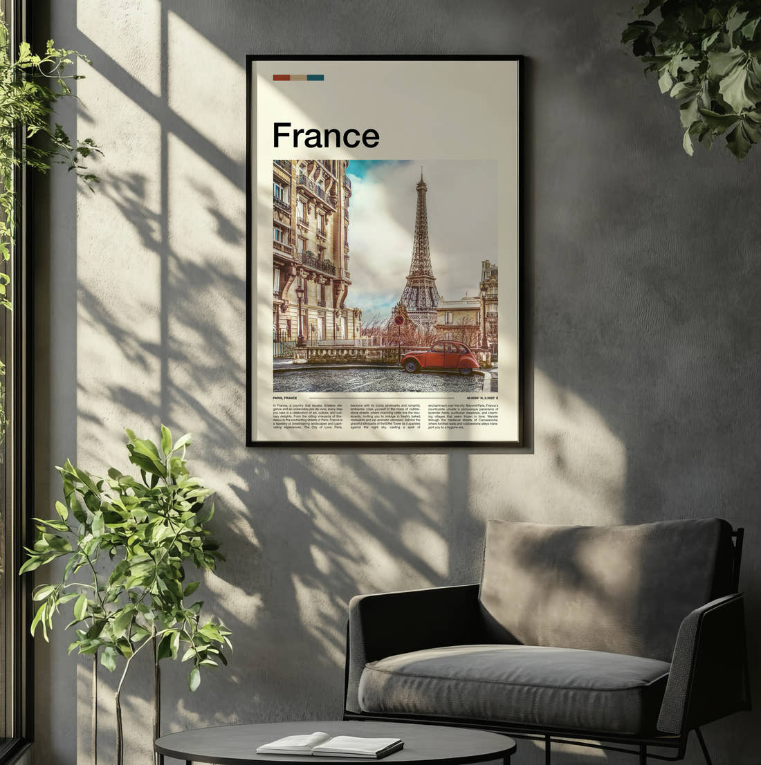 France Eiffel Tower Travel Print framed on the wall of a relaxed living room