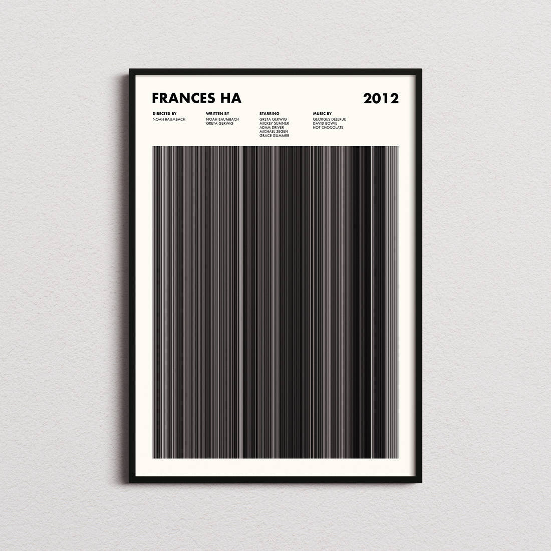 Frances Ha Movie Barcode Poster framed on a plain studio wall