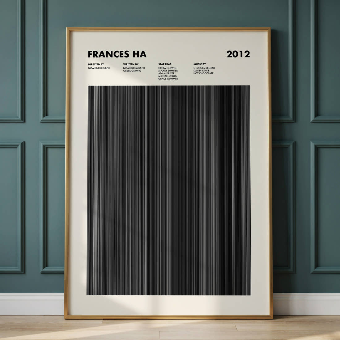 Frances Ha Movie Barcode Poster framed and leaning against a panelled wall
