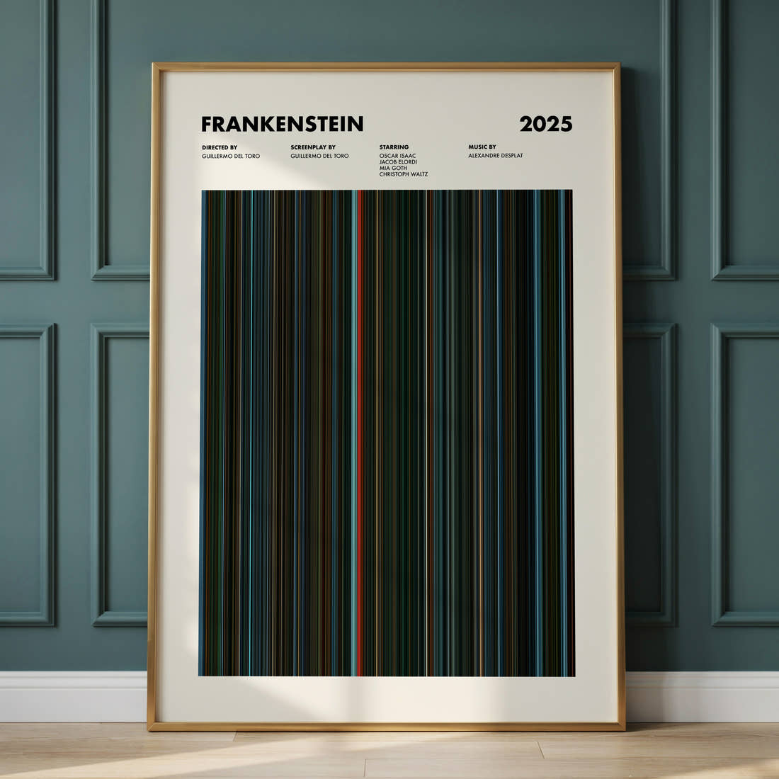 Frankenstein Movie Barcode Poster framed and leaning against a panelled wall