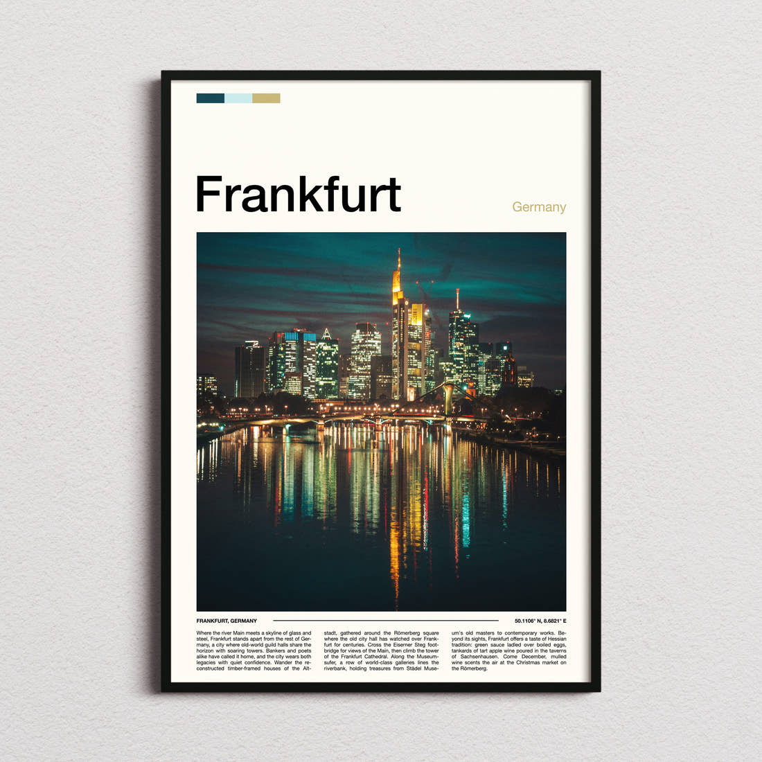 Frankfurt Illuminated River Skyline Travel Print framed and photographed straight on