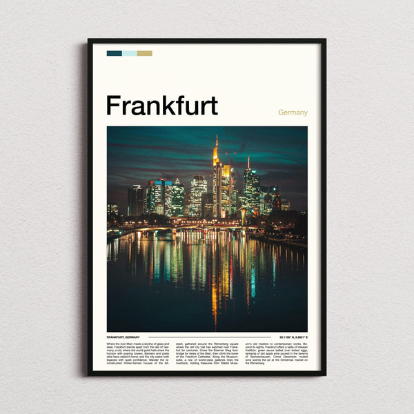 Frankfurt Illuminated River Skyline Travel Print framed and photographed straight on