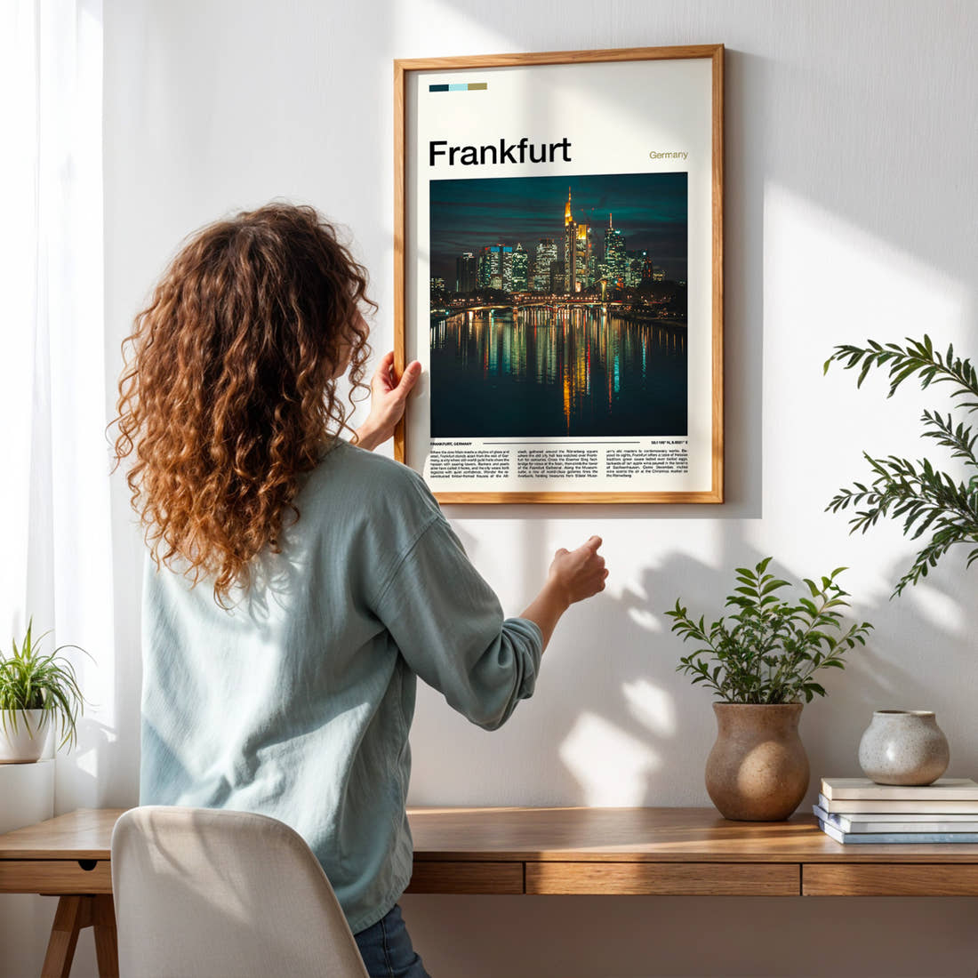 Frankfurt Illuminated River Skyline Travel Print framed on a pale wall beside houseplants