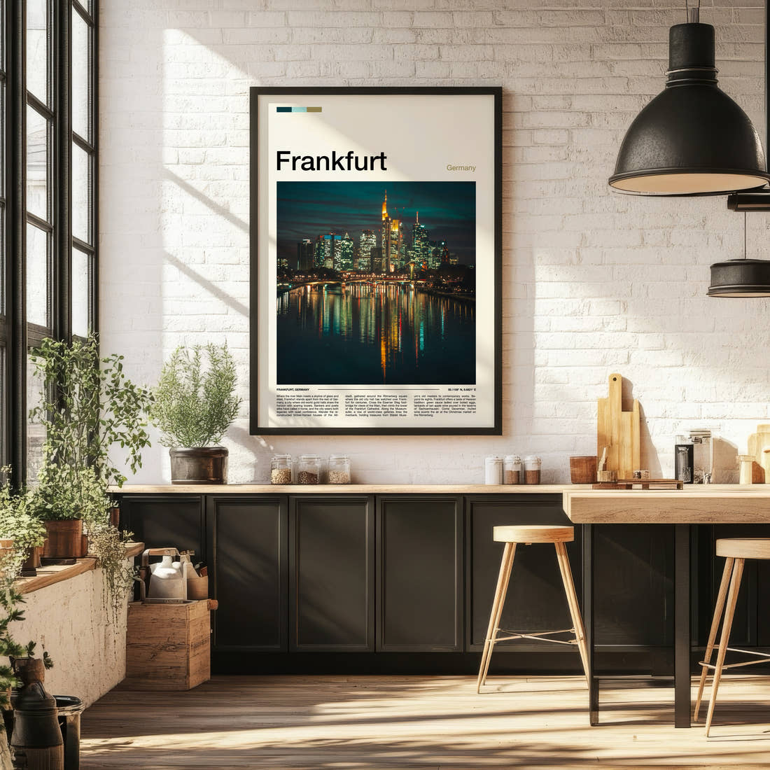 Frankfurt Illuminated River Skyline Travel Print framed on the wall of a bright kitchen and dining space