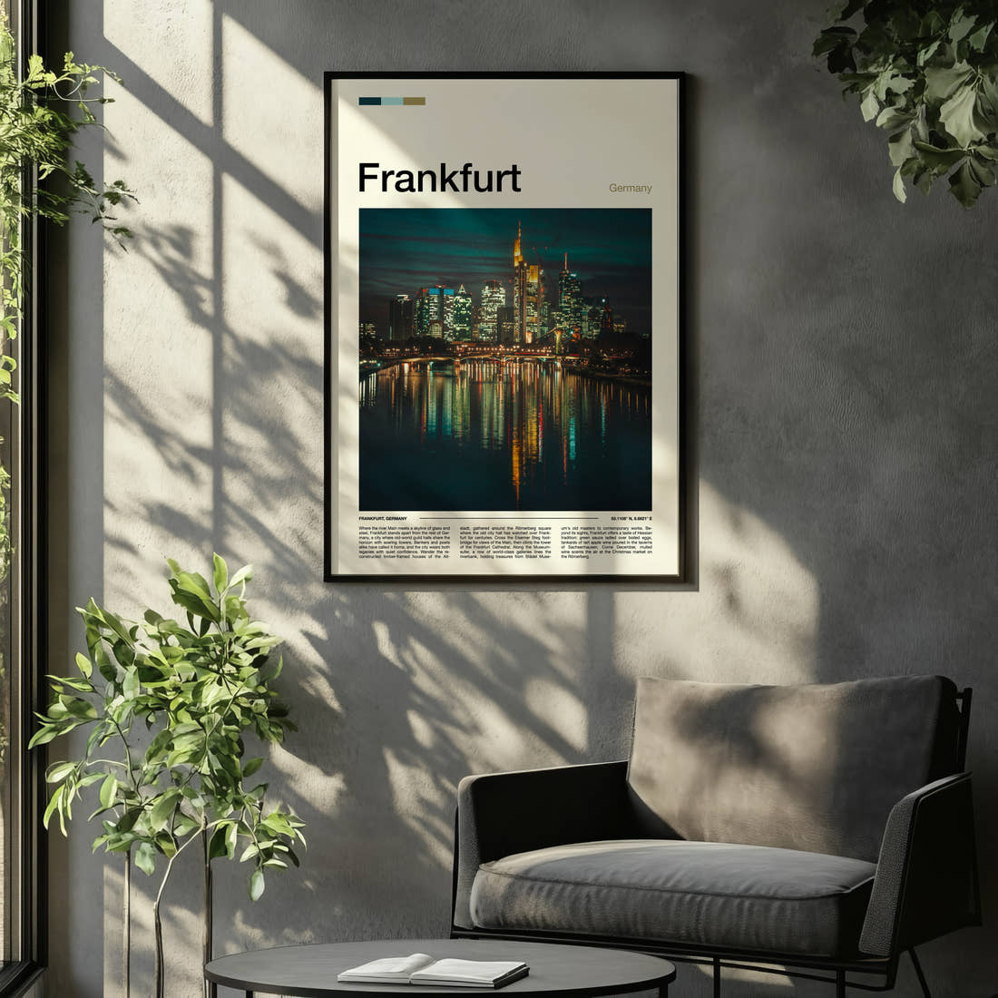 Frankfurt Illuminated River Skyline Travel Print framed on the wall of a relaxed living room