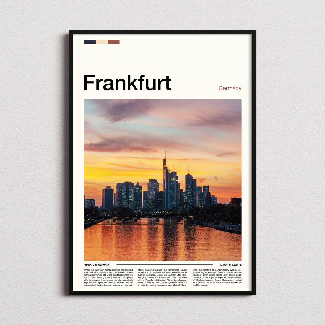Frankfurt Skyline At Sunset Travel Print framed and photographed straight on