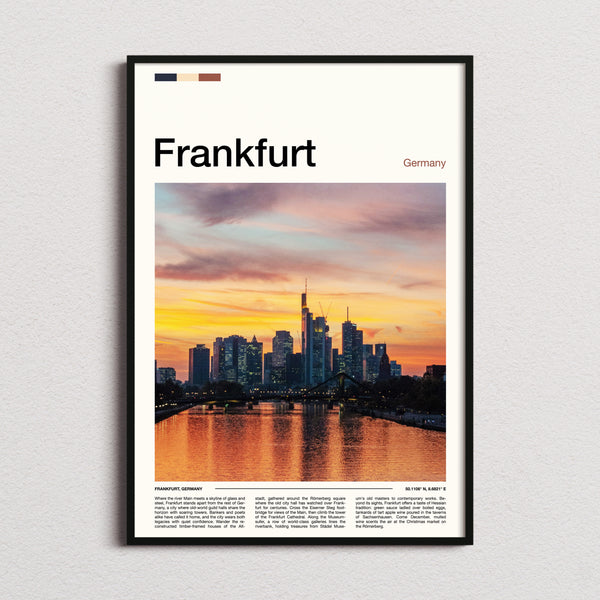 Frankfurt Skyline At Sunset Travel Print framed and photographed straight on