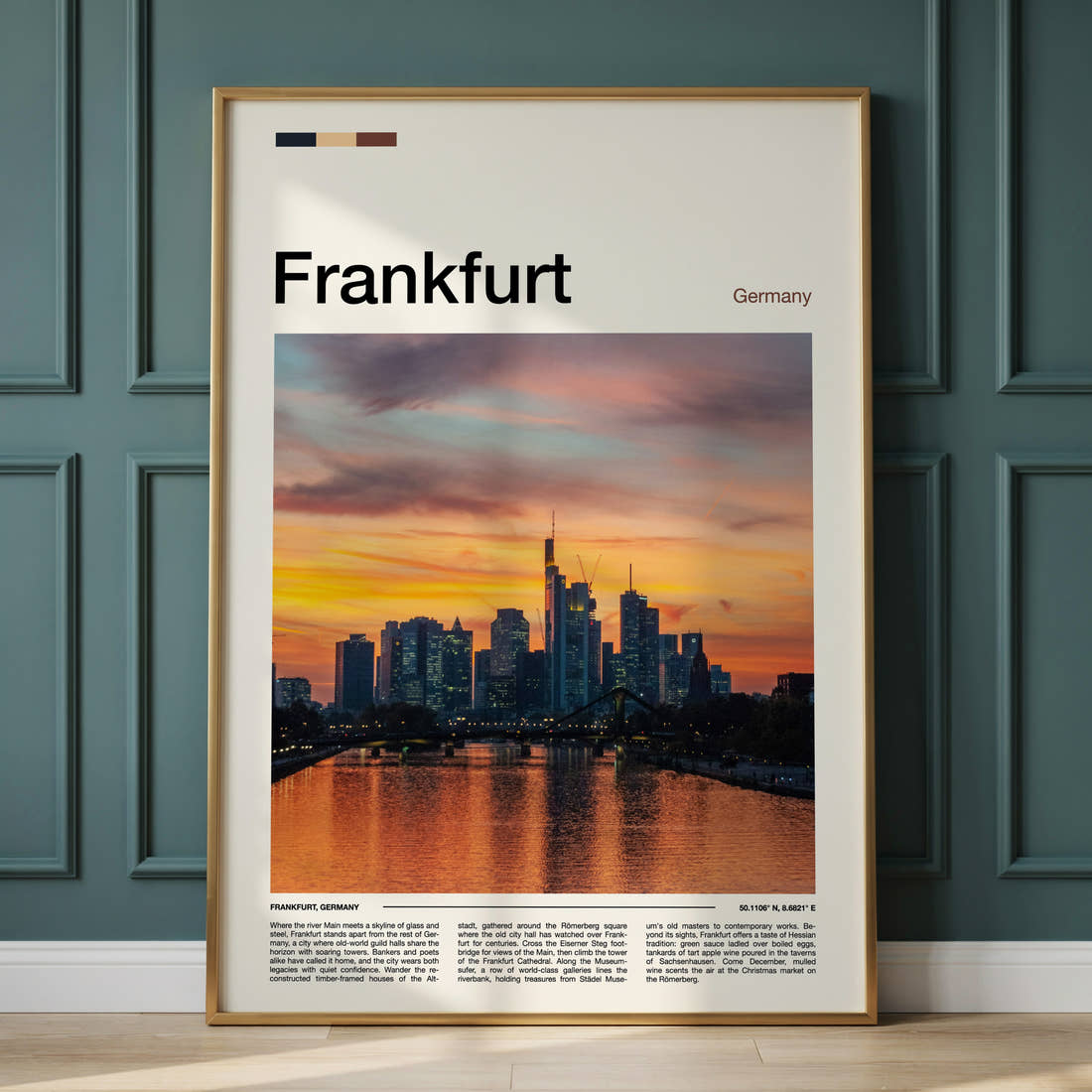Frankfurt Skyline At Sunset Travel Print framed on the wall of a calm, neutral bedroom