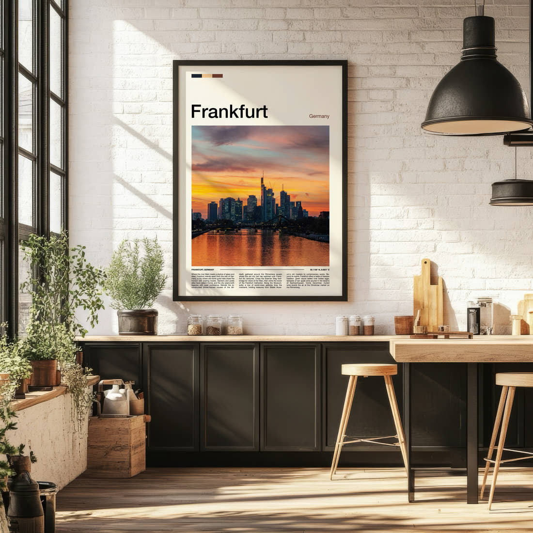 Frankfurt Skyline At Sunset Travel Print framed on the wall of a bright kitchen and dining space