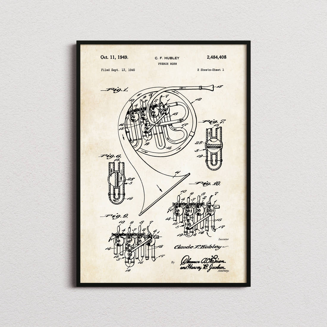 French Horn Patent Print in the aged paper colourway, framed