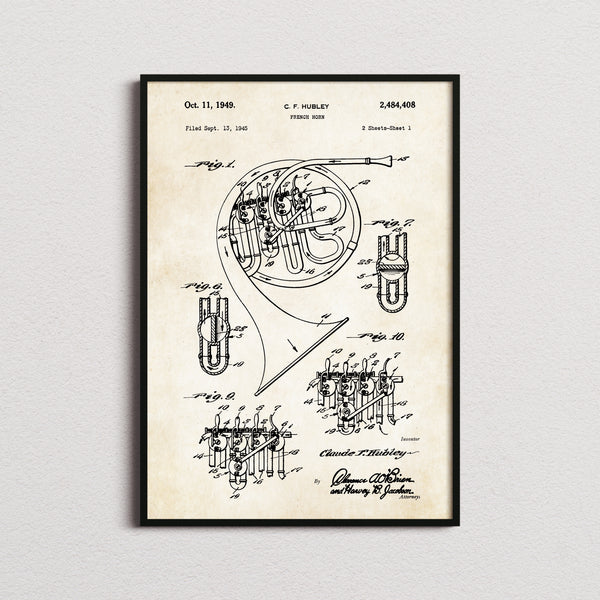 French Horn Patent Print in the aged paper colourway, framed