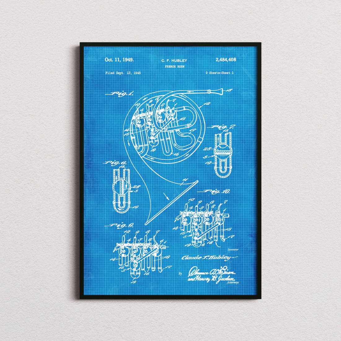 French Horn Patent Print in the blueprint colourway, framed