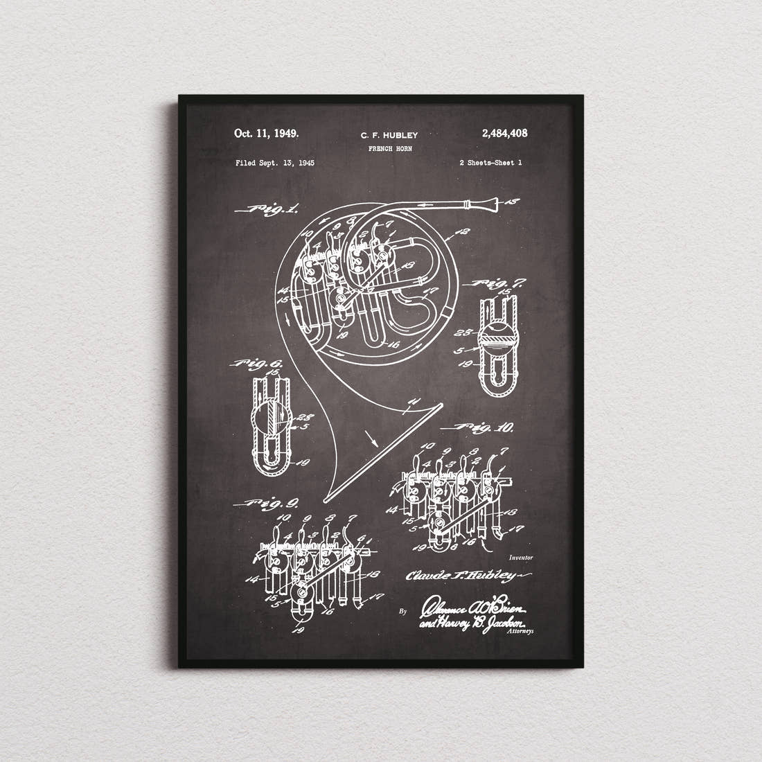 French Horn Patent Print in the blackboard colourway, framed