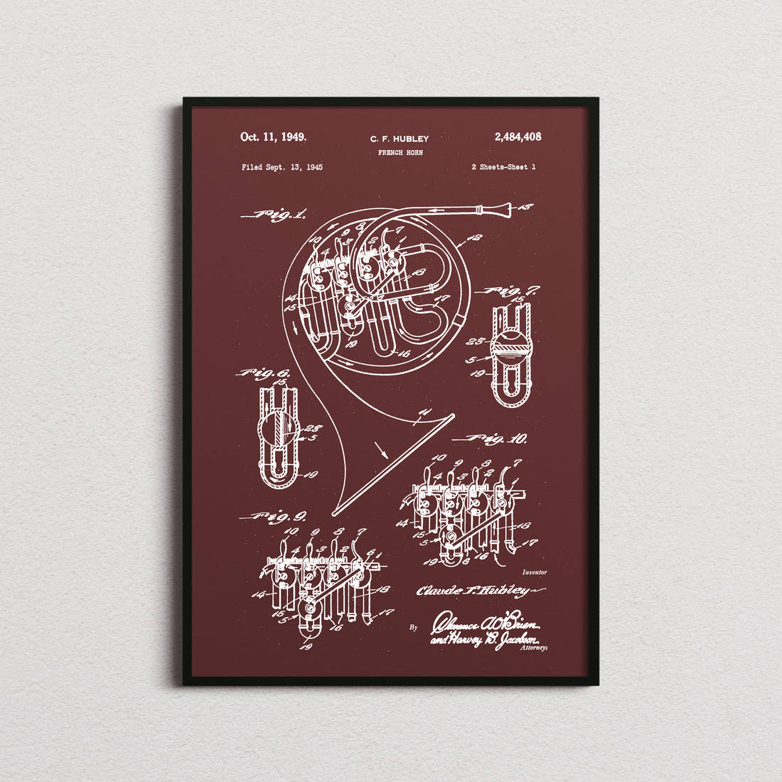 French Horn Patent Print in the burgundy colourway, framed