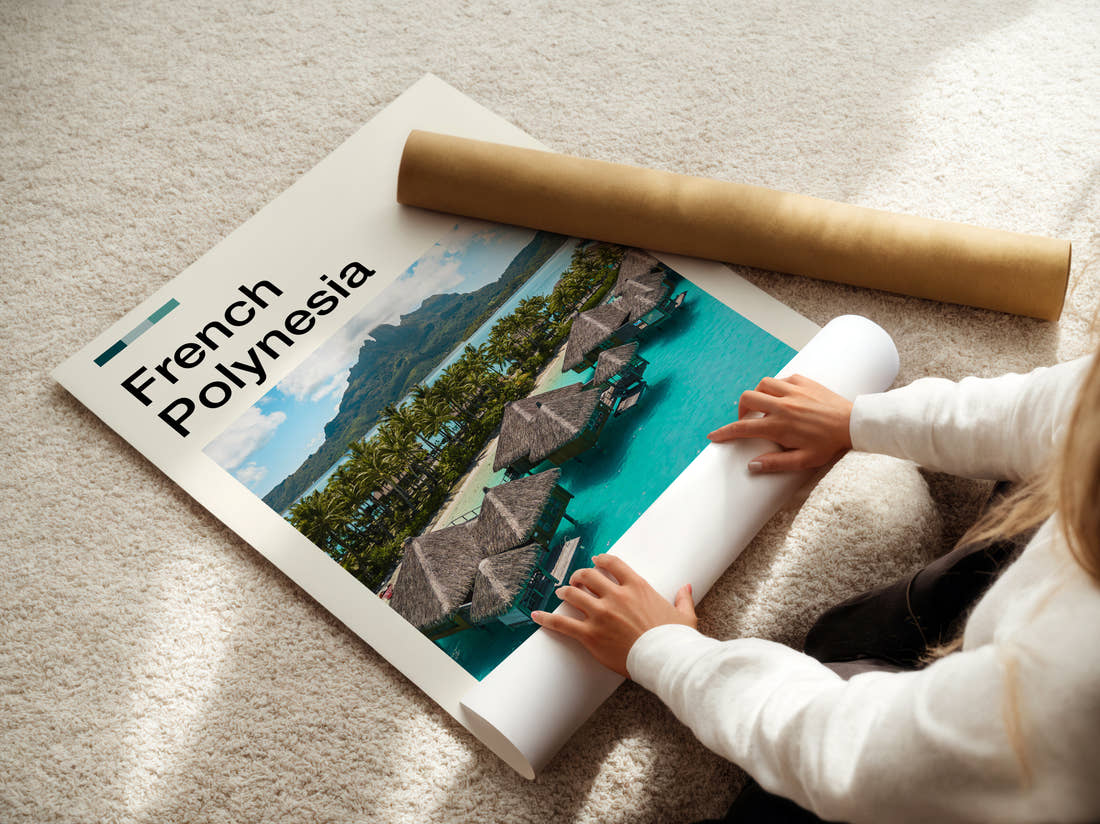 French Polynesia Overwater Bungalows Travel Print being unrolled from its postal tube