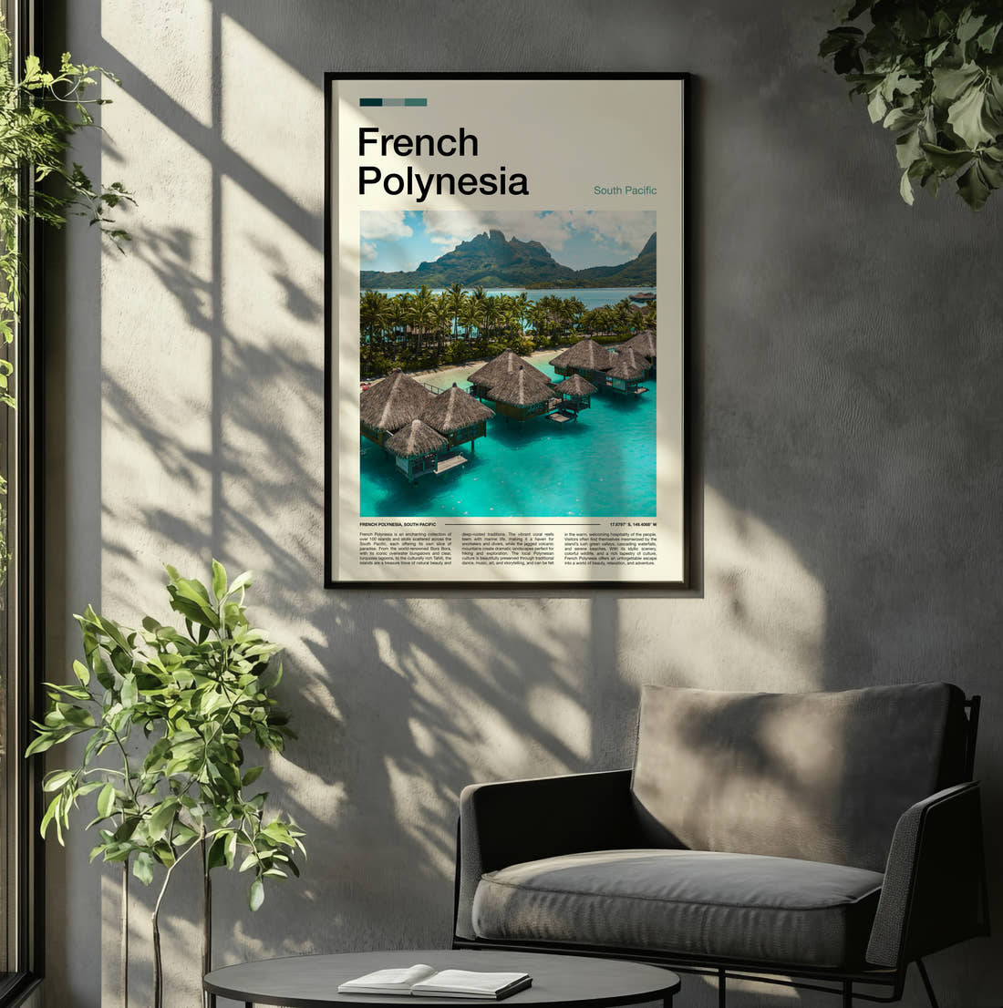 French Polynesia Overwater Bungalows Travel Print framed on the wall of a relaxed living room