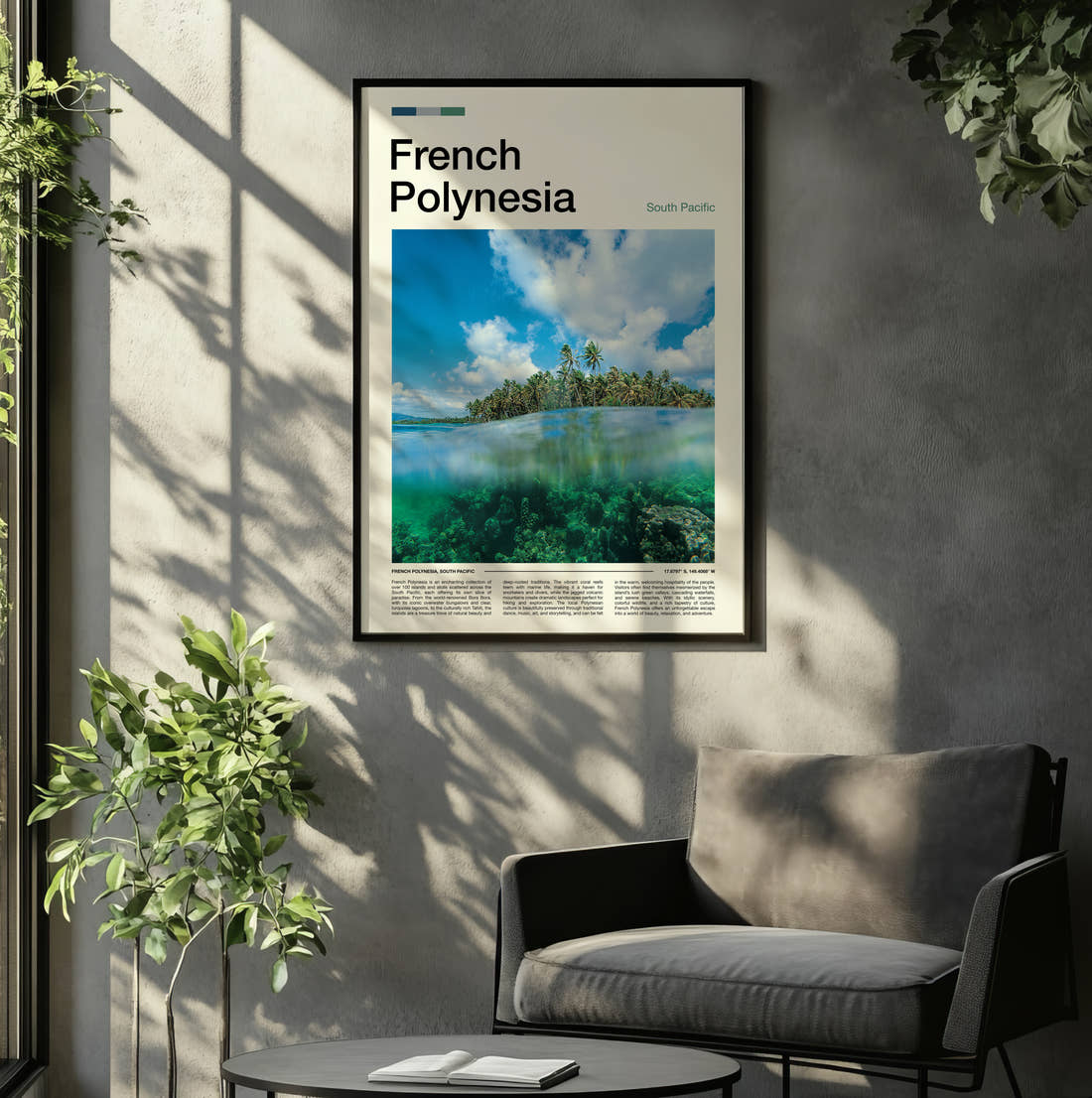 French Polynesia Over Under Reef View Travel Print framed on the wall of a relaxed living room