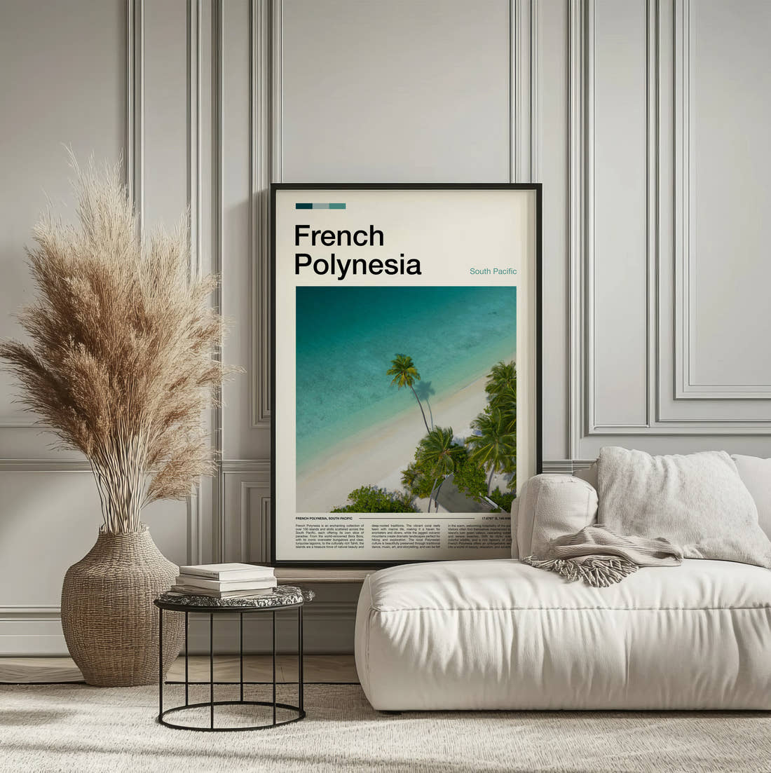 French Polynesia Palm Trees On The Beach Travel Print framed on the wall of a calm, neutral bedroom