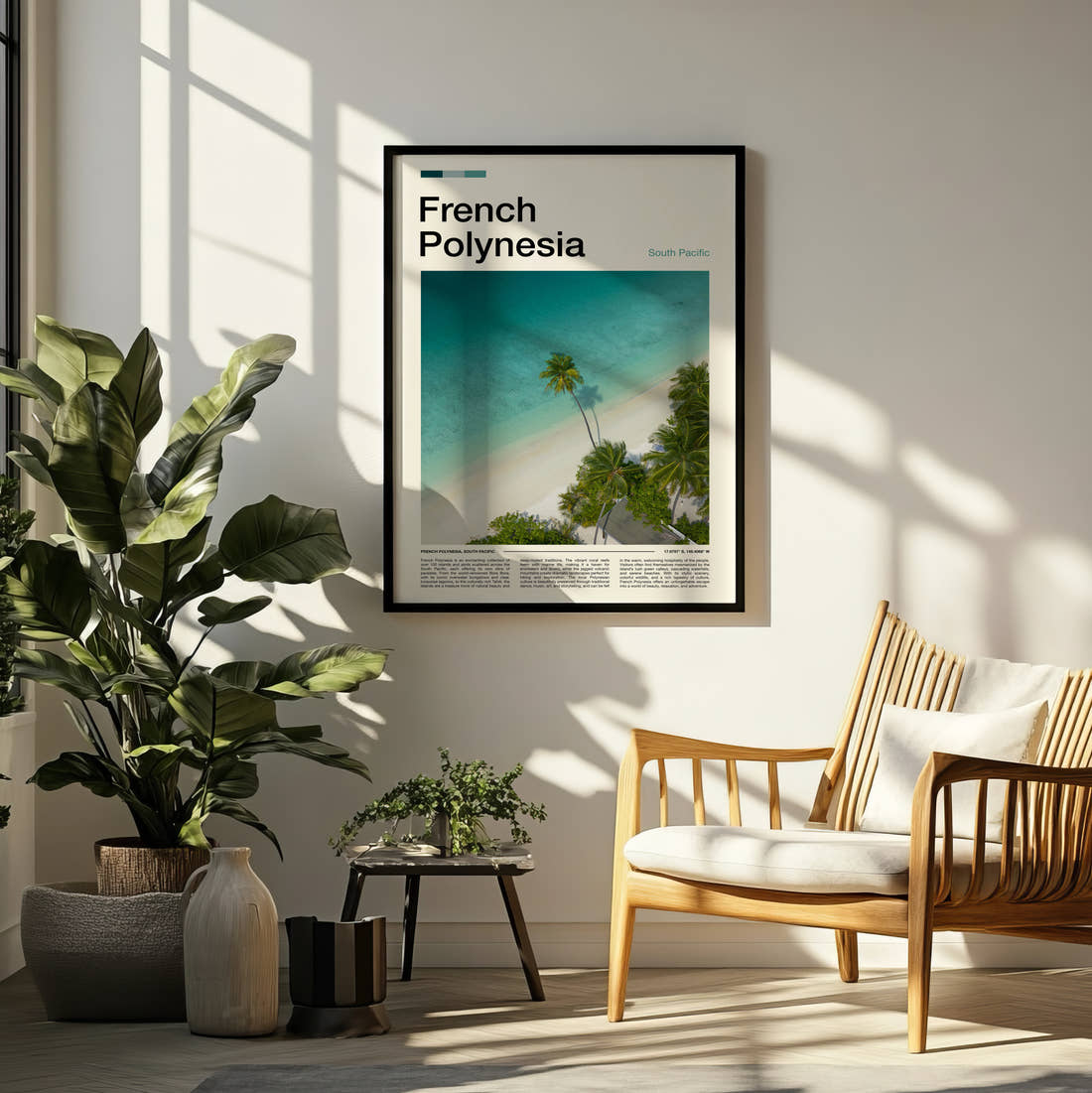 French Polynesia Palm Trees On The Beach Travel Print framed on a pale wall beside houseplants