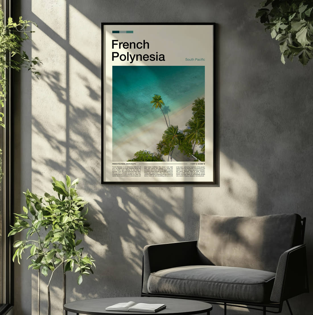 French Polynesia Palm Trees On The Beach Travel Print framed on the wall of a relaxed living room