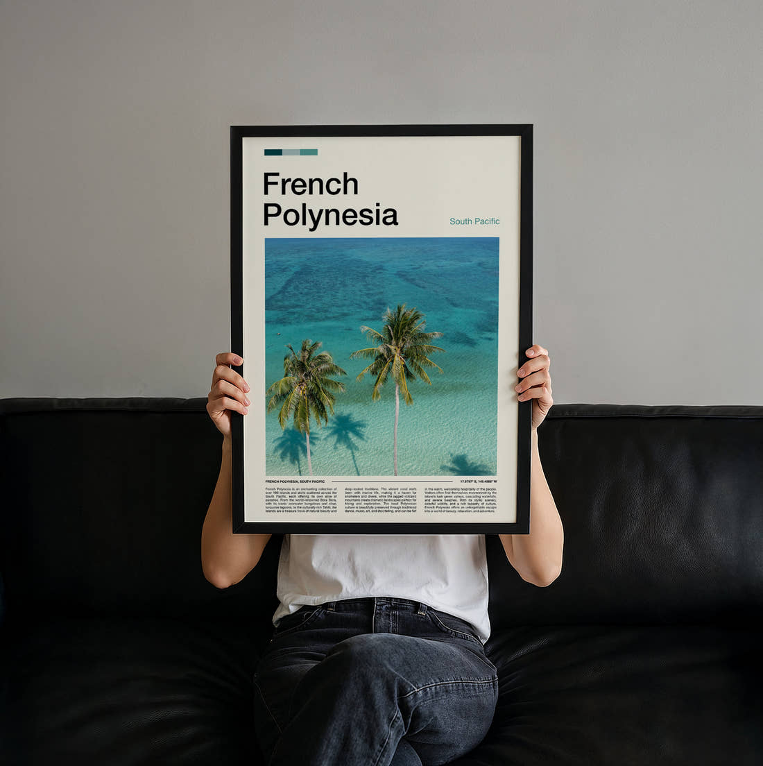 French Polynesia Palm Trees Over The Lagoon Travel Print held up by hand to show the size of the print