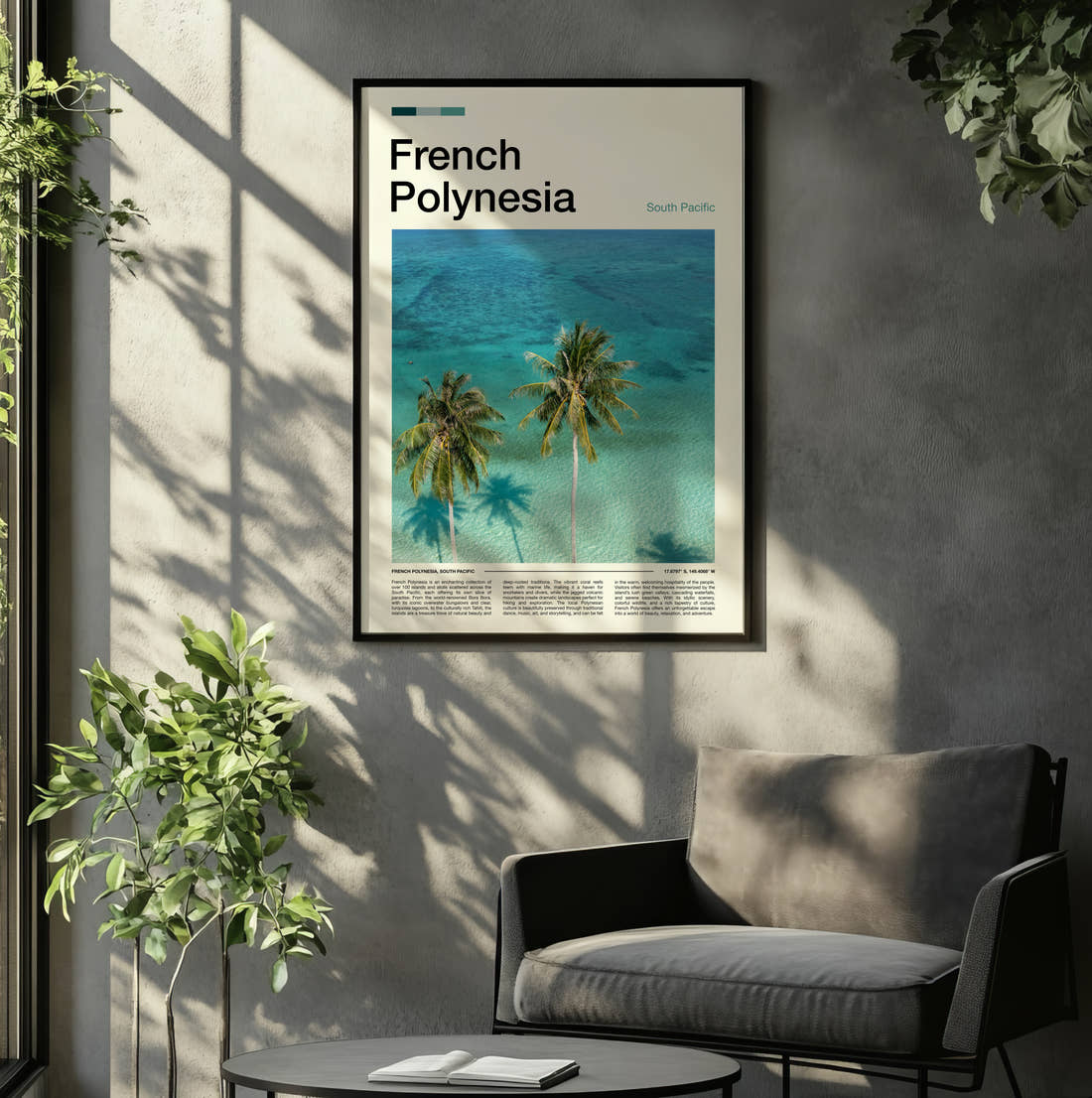 French Polynesia Palm Trees Over The Lagoon Travel Print framed on the wall of a relaxed living room