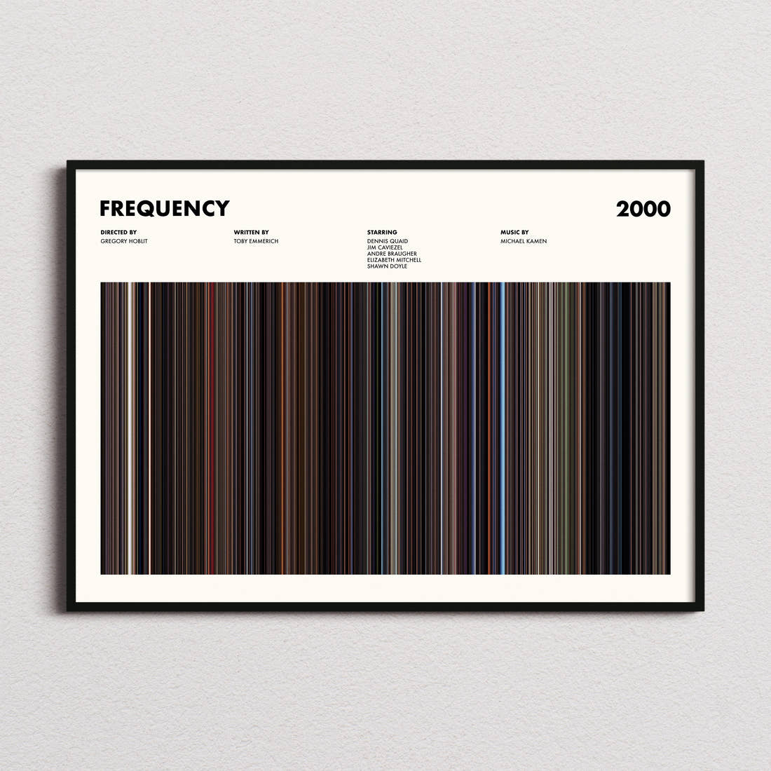 Frequency Movie Barcode Poster framed and photographed straight on