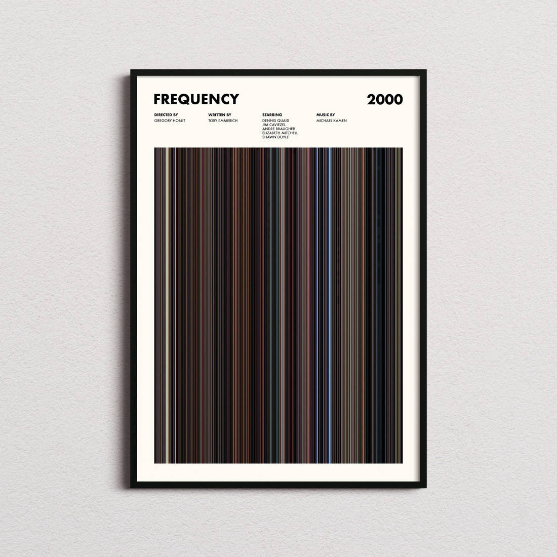 Frequency Movie Barcode Poster framed on a plain studio wall