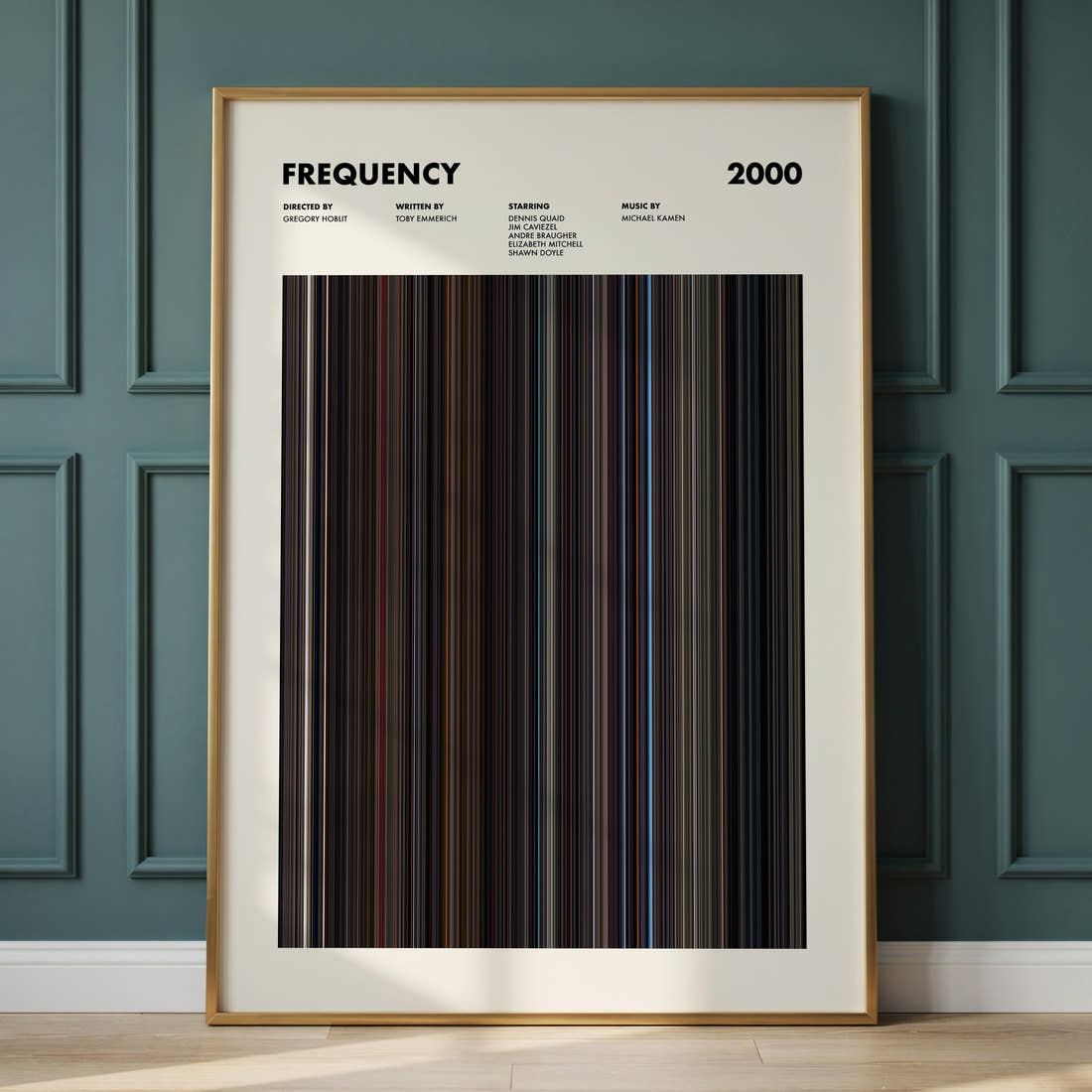 Frequency Movie Barcode Poster framed and leaning against a panelled wall