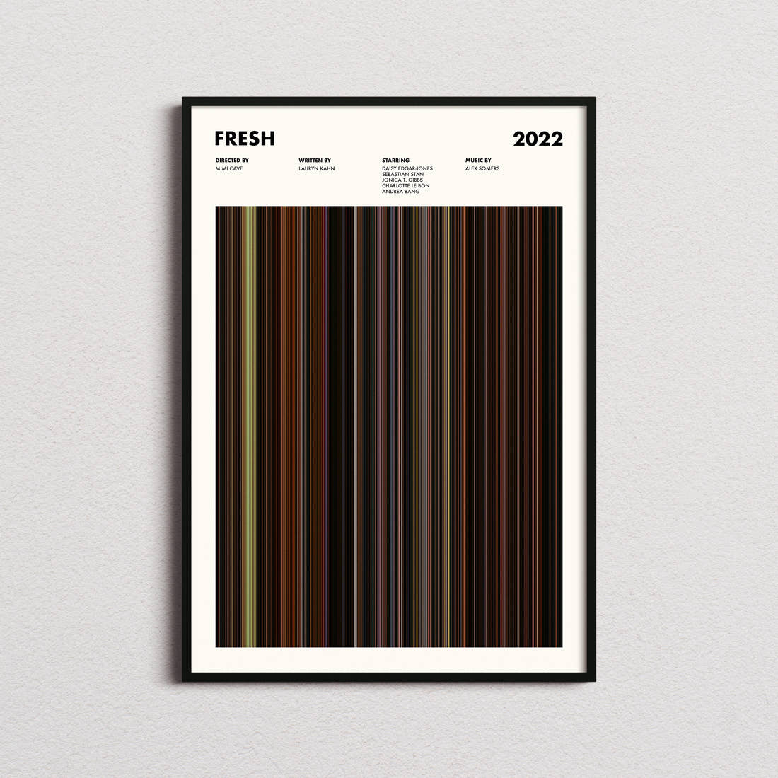 Fresh Movie Barcode Poster framed on a plain studio wall