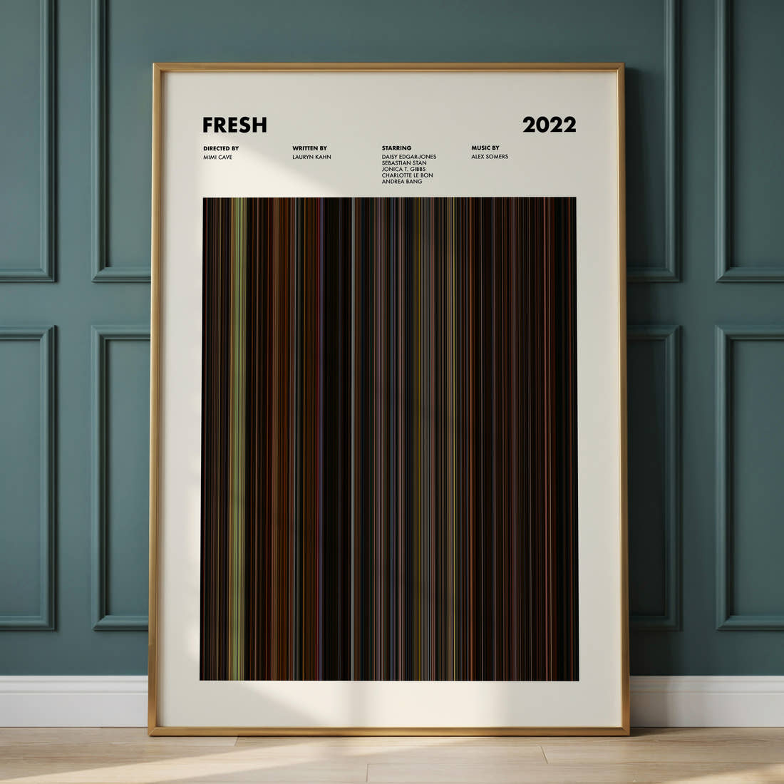 Fresh Movie Barcode Poster framed and leaning against a panelled wall