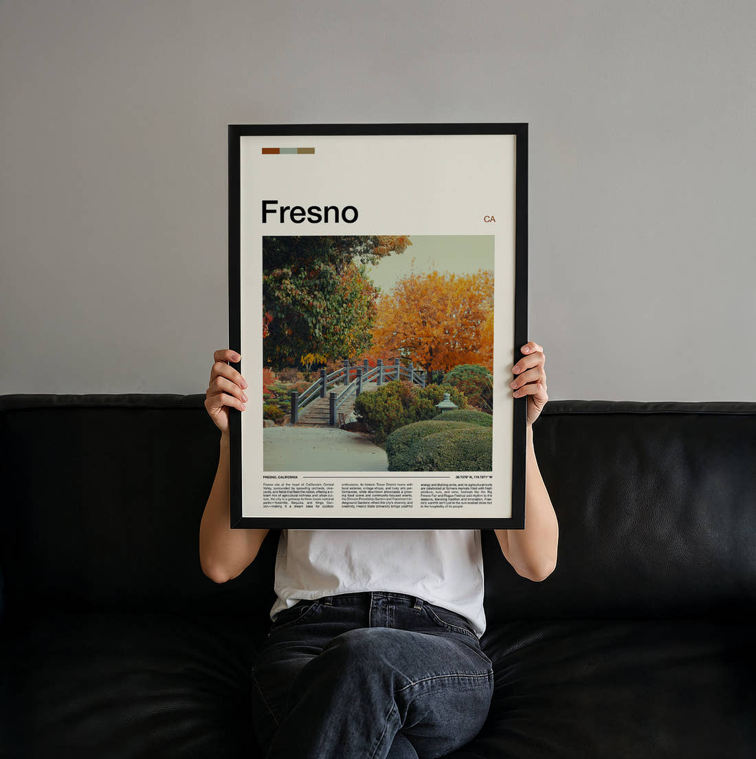 Fresno Autumn Garden Travel Print held up by hand to show the size of the print