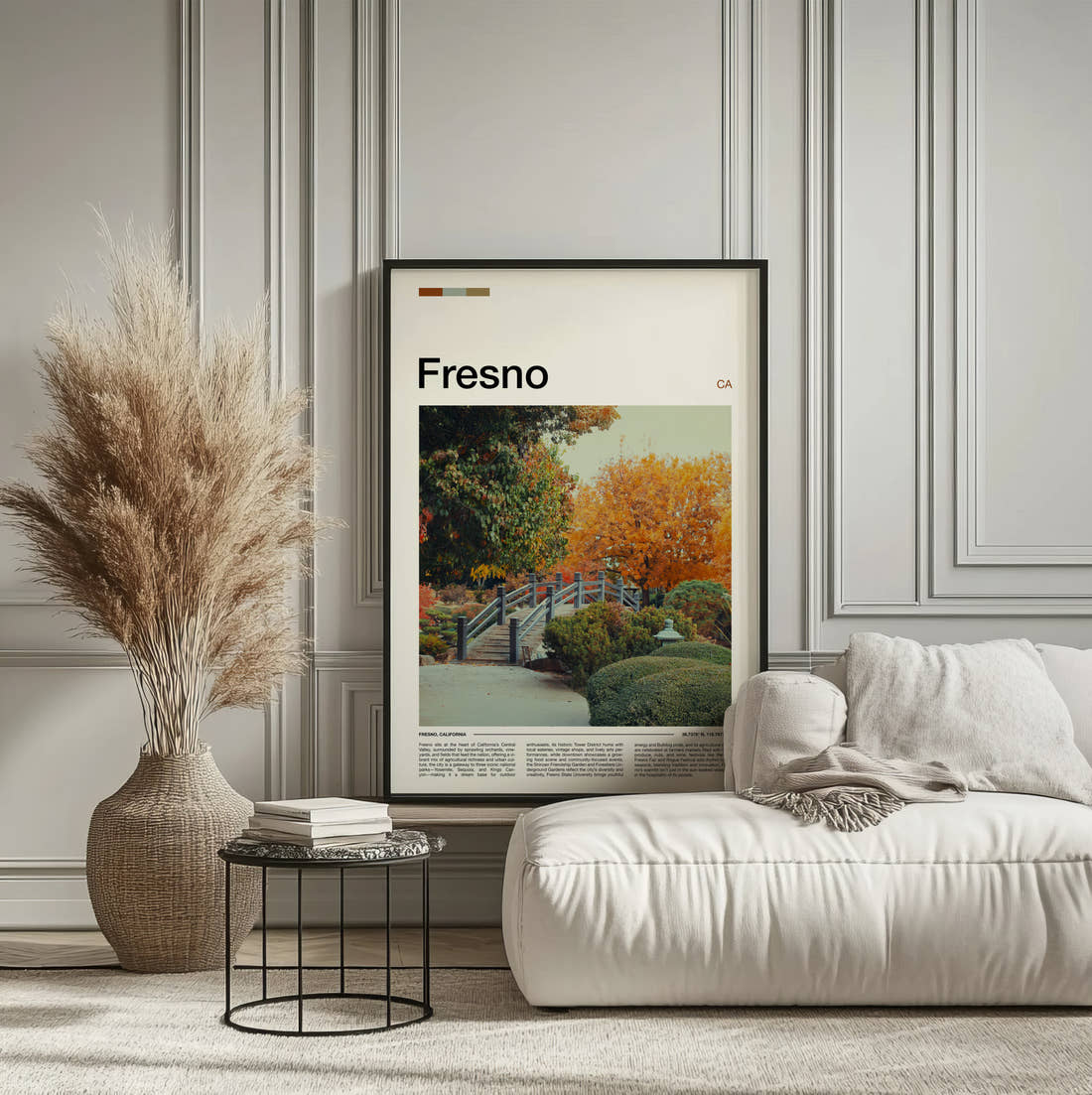 Fresno Autumn Garden Travel Print framed on the wall of a calm, neutral bedroom