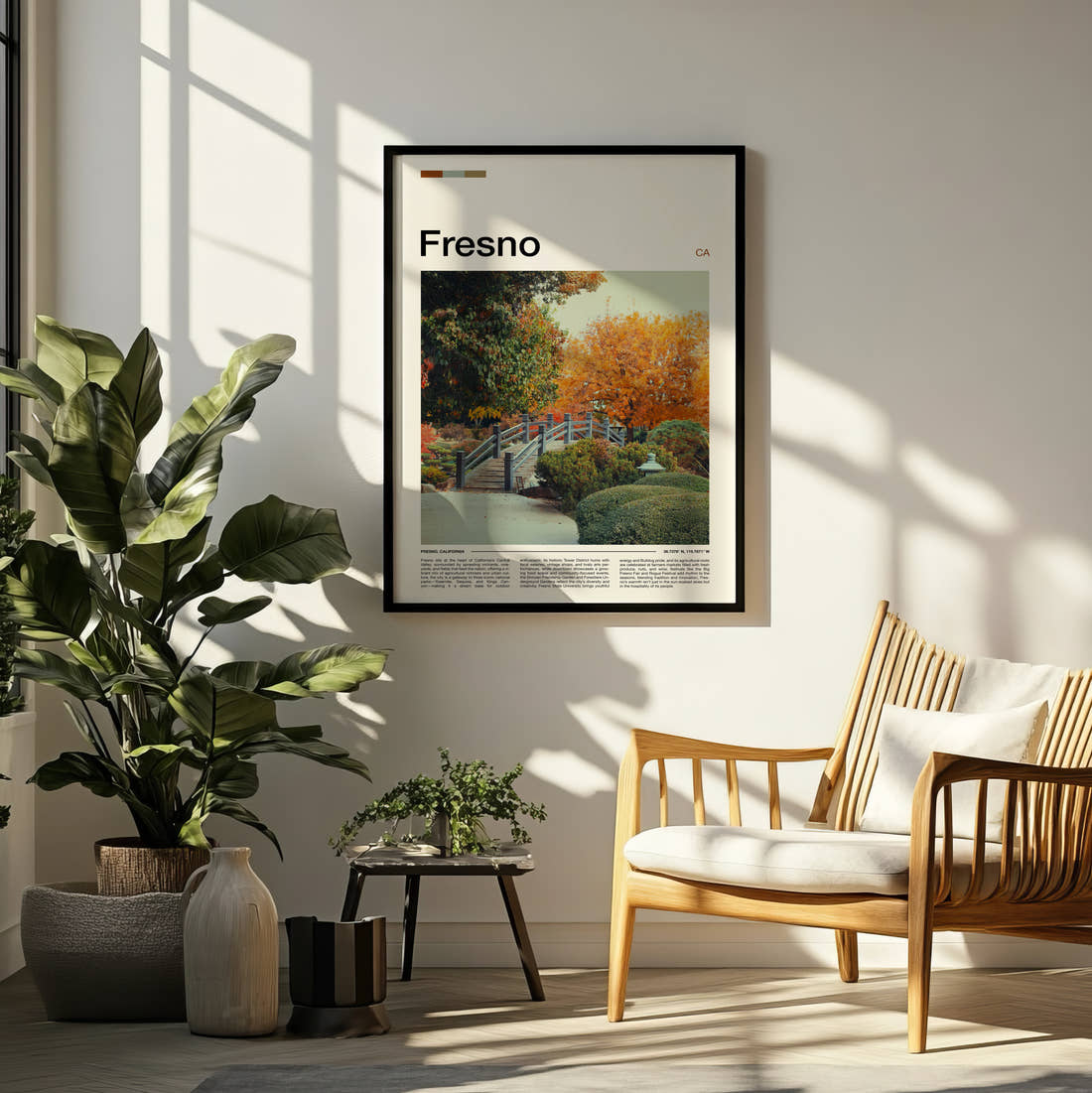 Fresno Autumn Garden Travel Print framed on a pale wall beside houseplants