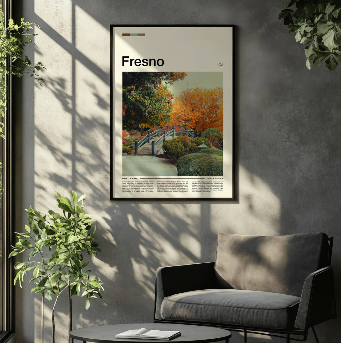 Fresno Autumn Garden Travel Print framed on the wall of a relaxed living room