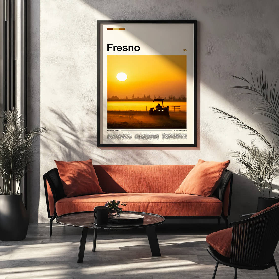 Fresno Tractor At Sunset Travel Print framed on the wall of a modern living room