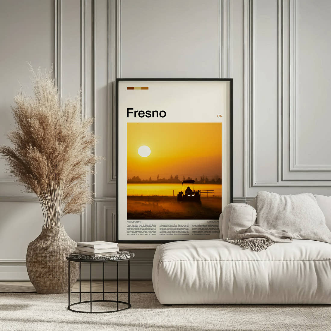 Fresno Tractor At Sunset Travel Print framed on the wall of a calm, neutral bedroom