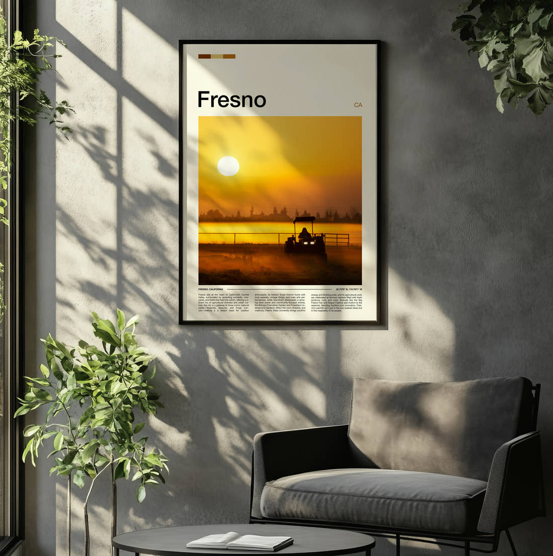 Fresno Tractor At Sunset Travel Print framed on the wall of a relaxed living room