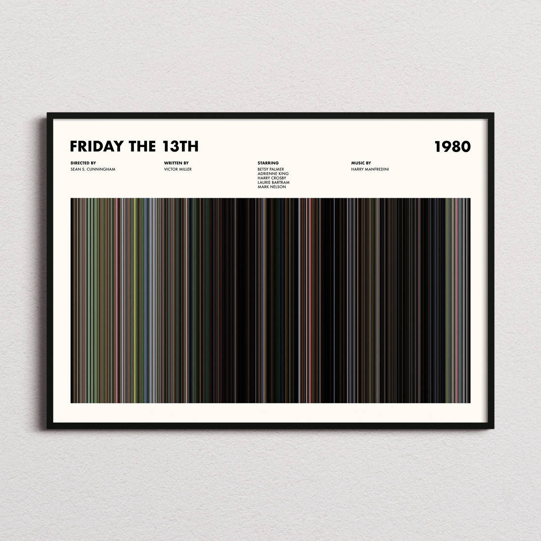 Friday The 13th Movie Barcode Poster framed and photographed straight on