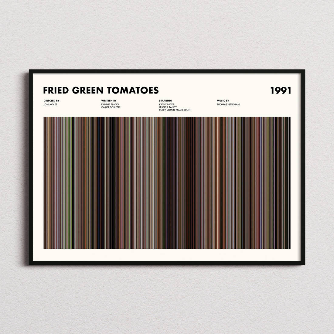 Fried Green Tomatoes Movie Barcode Poster framed and photographed straight on